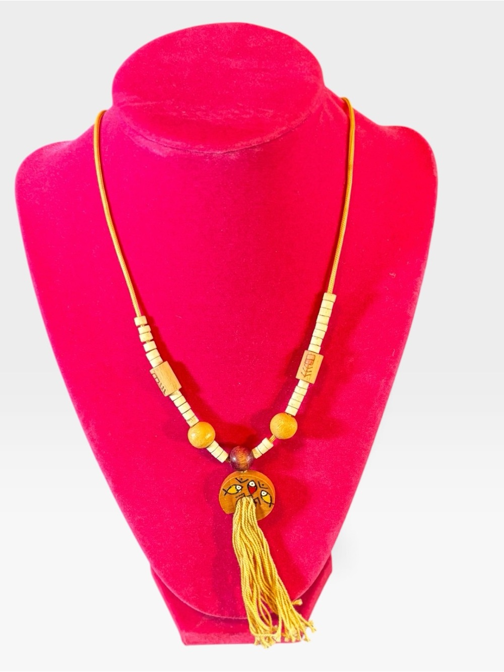 Vintage 70s Hand Painted Wood Fish Tassel Necklace 38" Boho